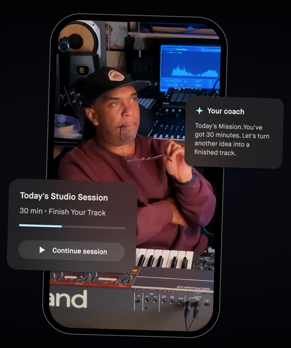 Dr. Duce in his home studio with the Sound Mindset Coach app showing today's session and coaching prompt